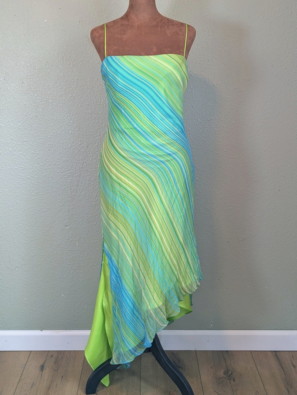 Lime & Aqua Striped Asymmetrical Slip Dress